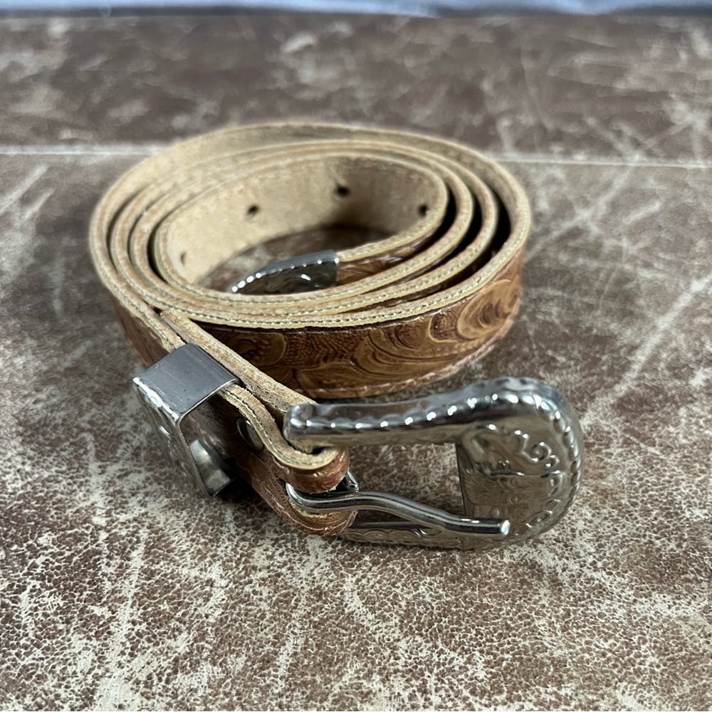 Genuine Brown Leather‎ Womens Belt Western Cowgirl Metal Buckle 31.5 Inches Long